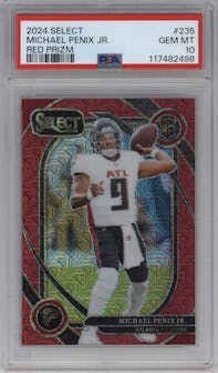Michael Penix Jr. from the 2024 Panini Select set featuring a Red Prizm parallel graded by PSA and given an overall grade of 10.