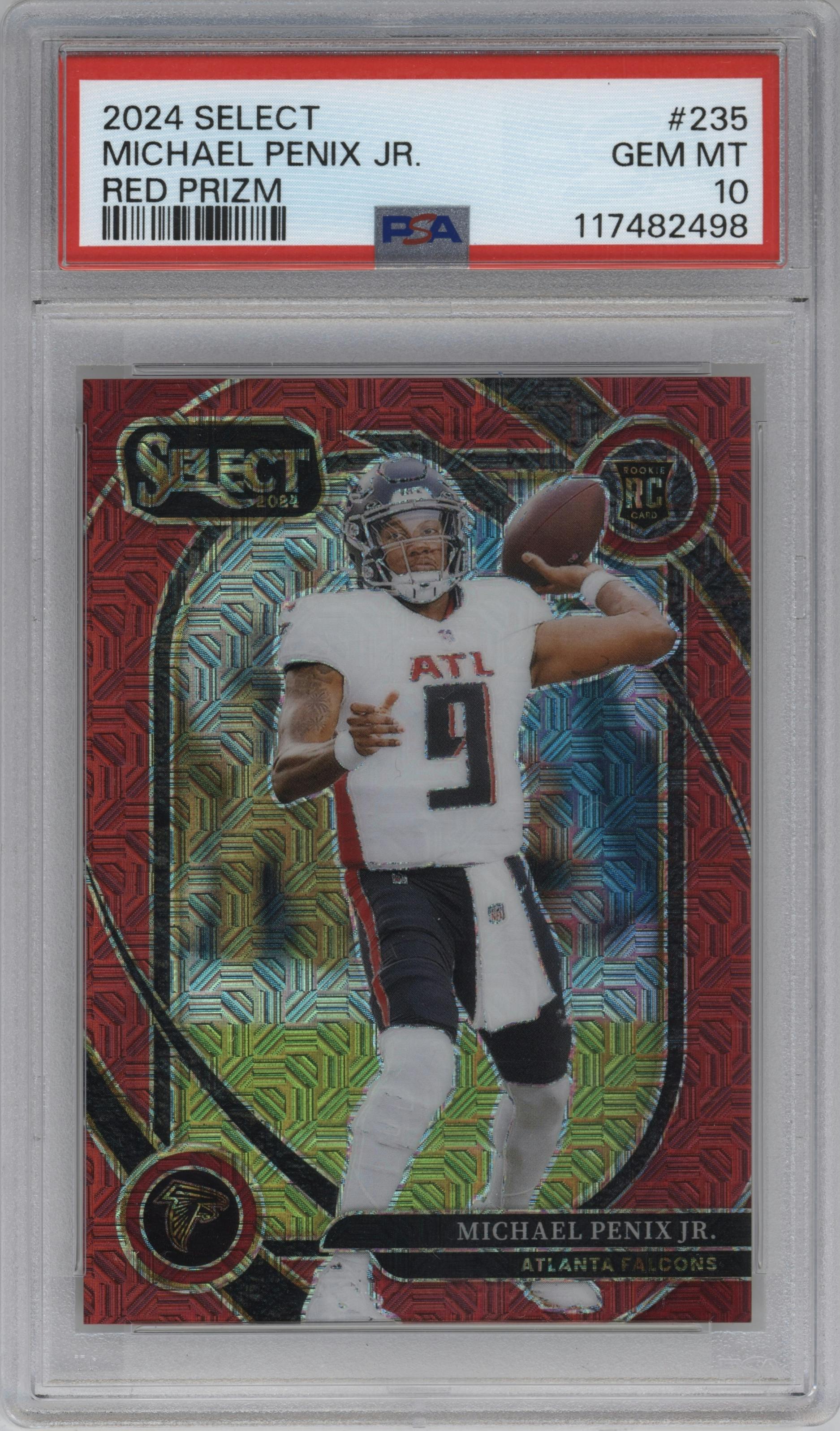 Michael Penix Jr. from the 2024 Panini Select set featuring a Red Prizm parallel graded by PSA and given an overall grade of 10.