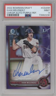  Ivan Melendez from the 2022 Bowman Draft set featuring a Purple Refractor parallel graded by PSA and given an overall grade of 9.