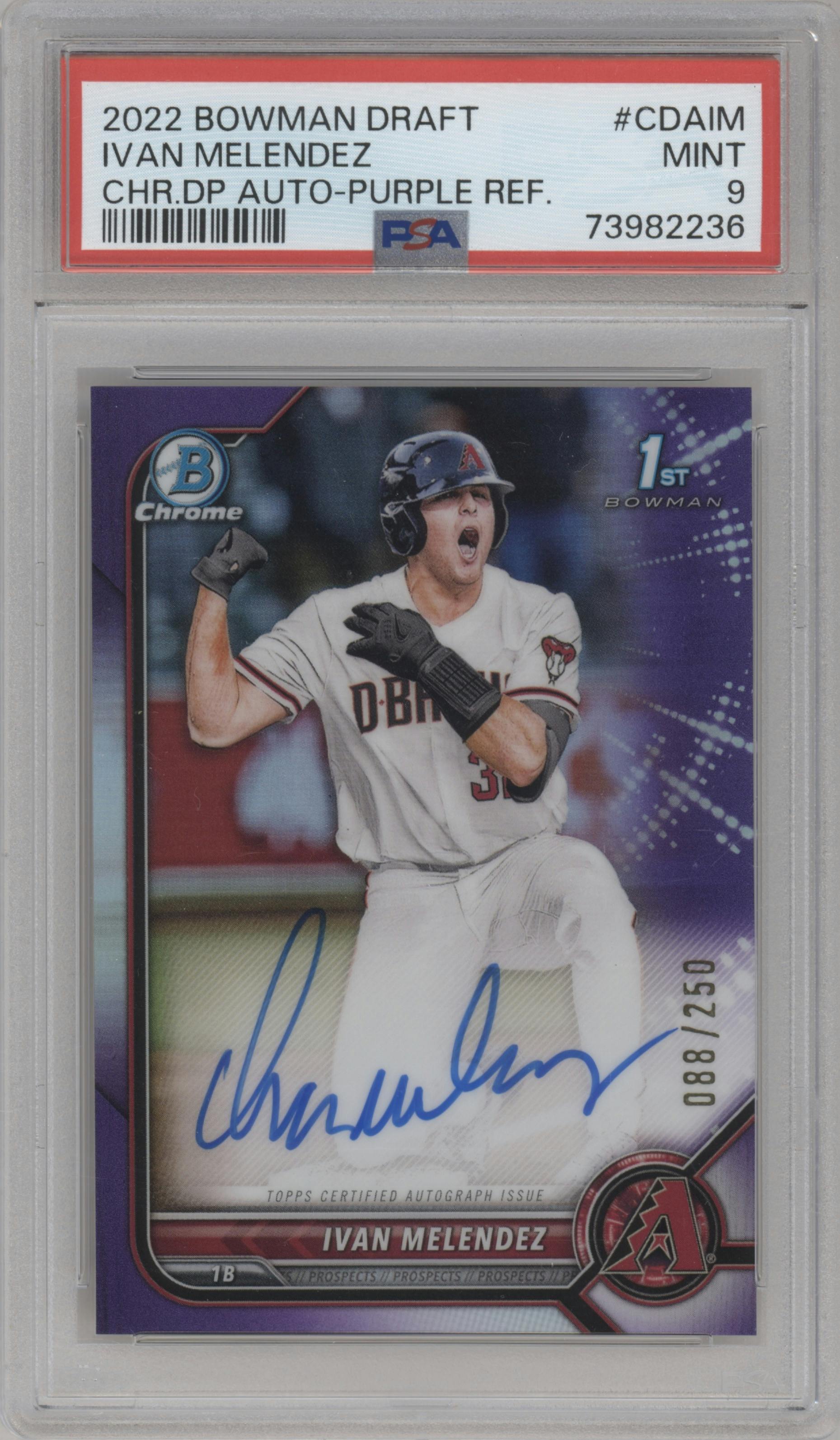  Ivan Melendez from the 2022 Bowman Draft set featuring a Purple Refractor parallel graded by PSA and given an overall grade of 9.