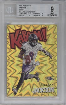 Lamar Jackson from the 2021 Panini Absolute set featuring a Gold parallel graded by Beckett and given an overall grade of 9.