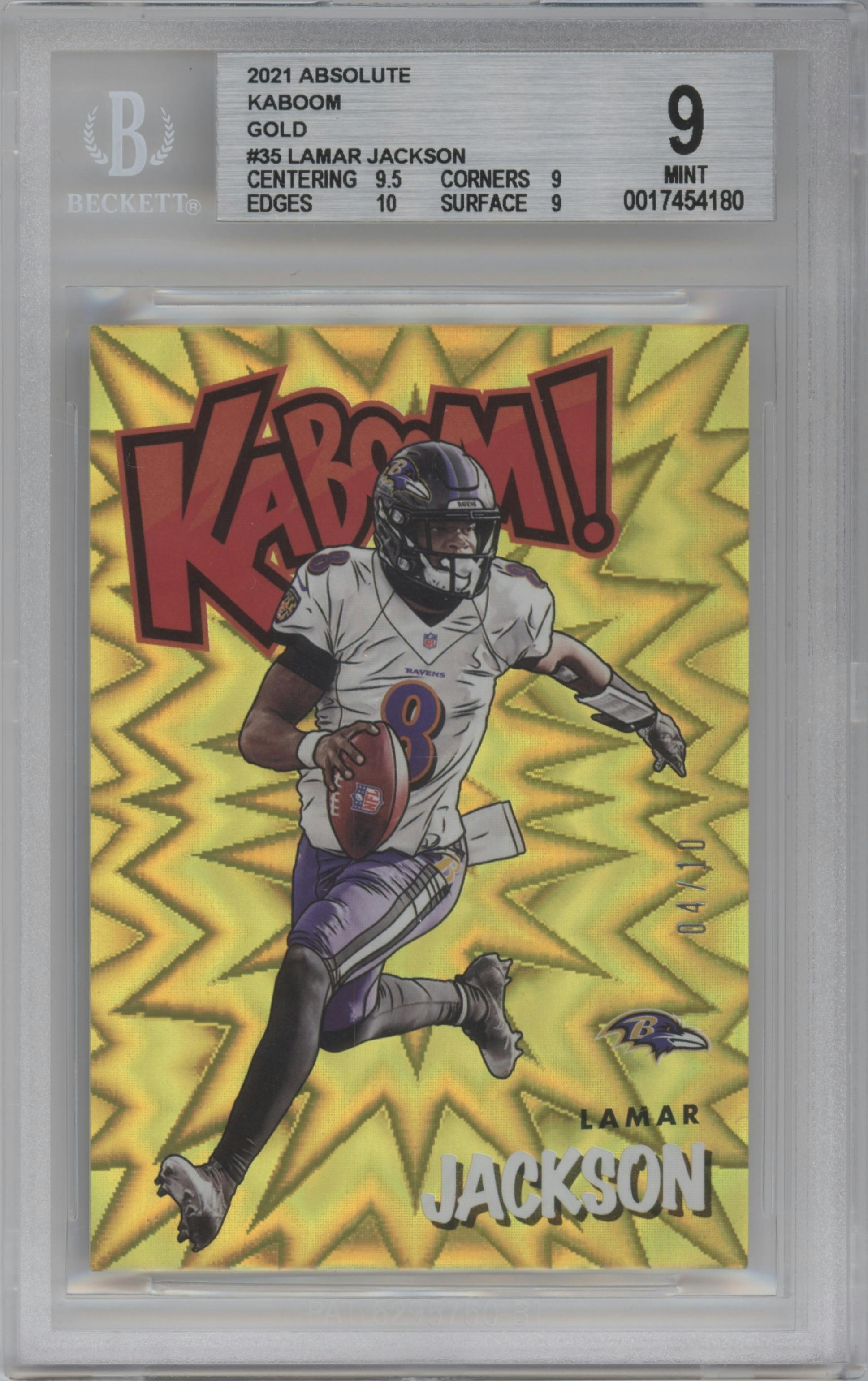 Lamar Jackson from the 2021 Panini Absolute set featuring a Gold parallel graded by Beckett and given an overall grade of 9.