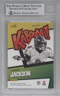 Lamar Jackson from the 2021 Panini Absolute set featuring a Gold parallel graded by Beckett and given an overall grade of 9.