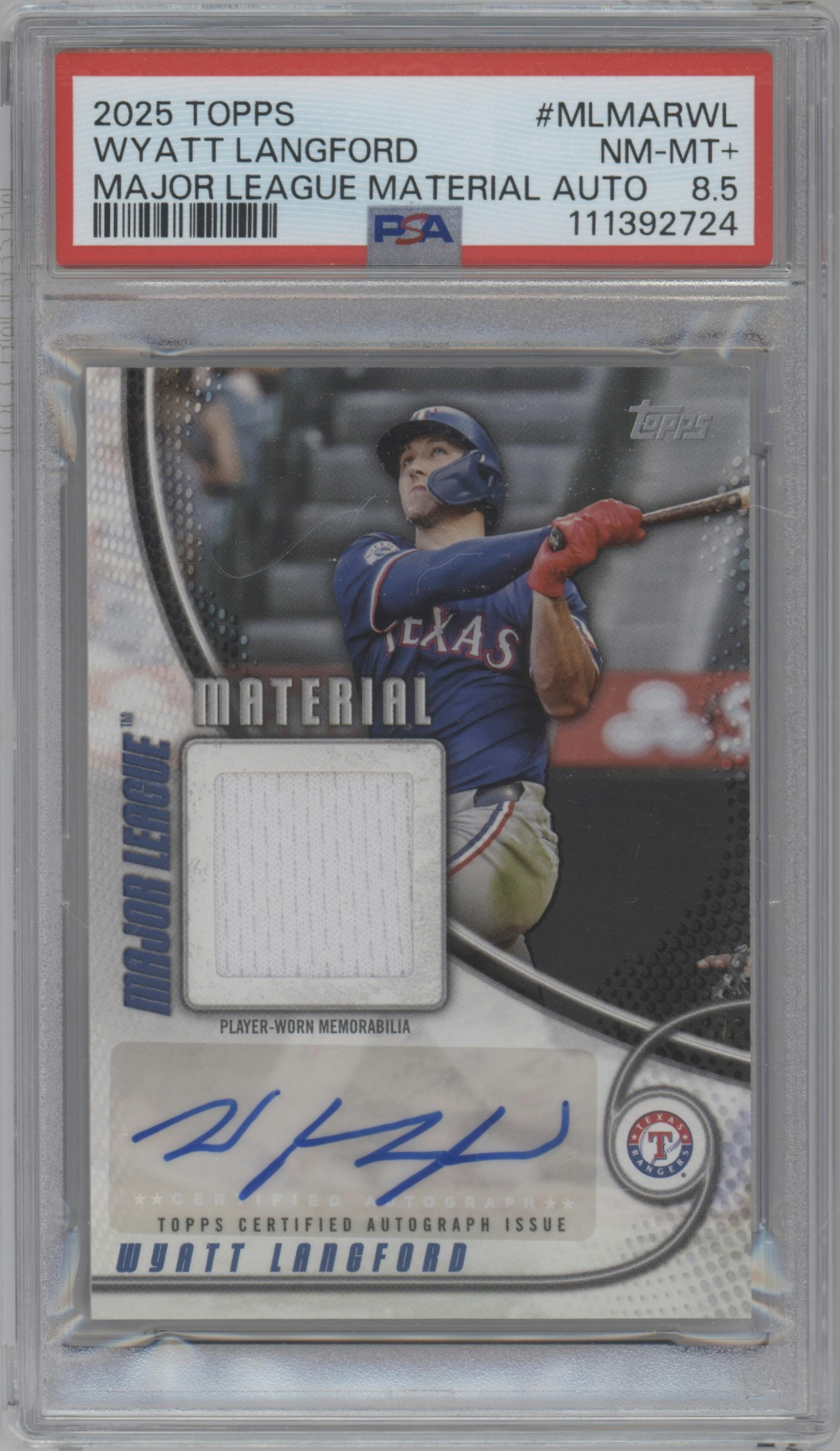 Wyatt Langford from the 2025 Topps set graded by PSA and given an overall grade of 8.5.
