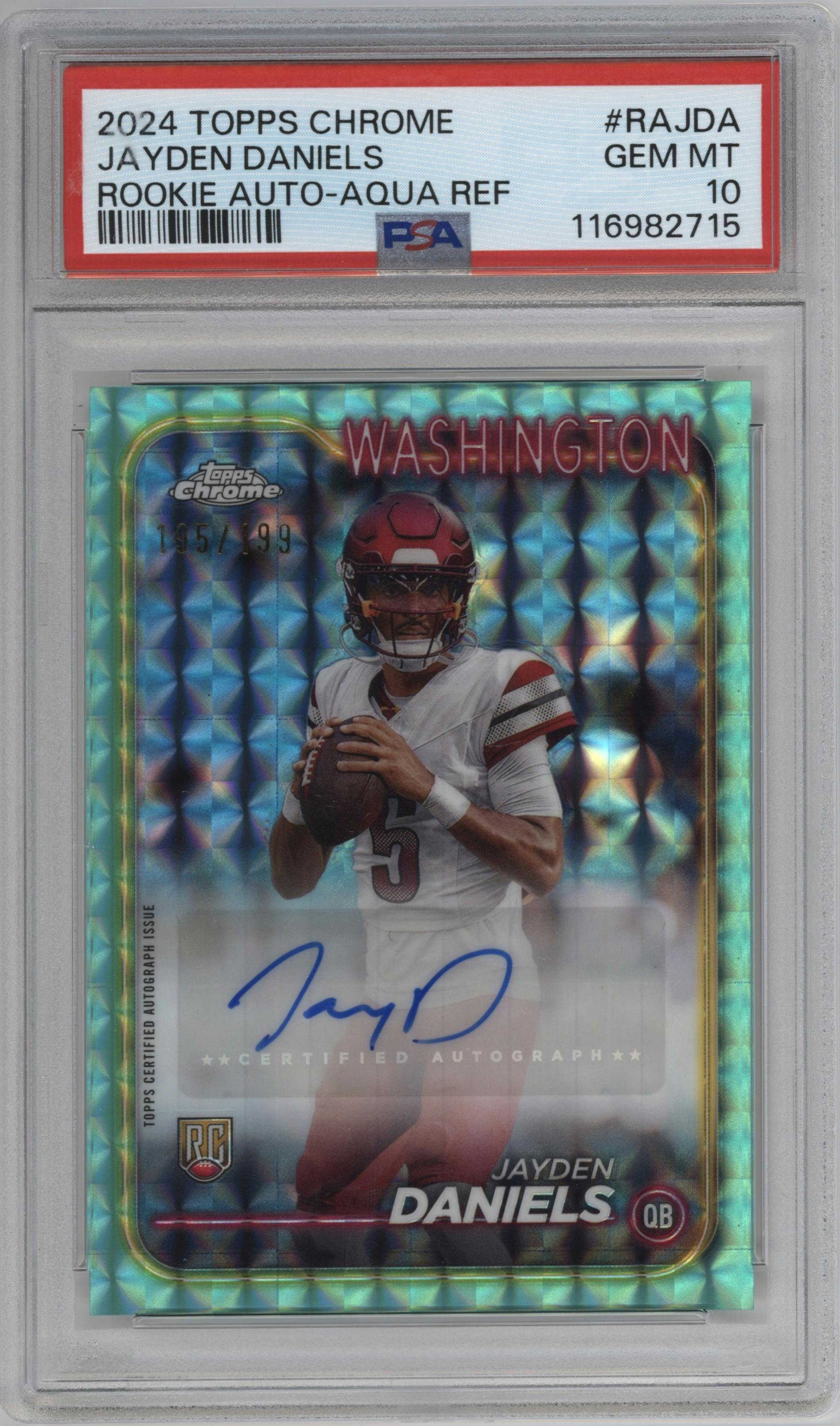 Jayden Daniels from the 2024 Topps Chrome set featuring a Aqua Geometric Refractor parallel graded by PSA and given an overall grade of 10.