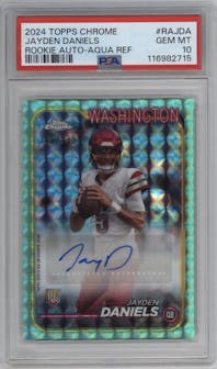 Jayden Daniels from the 2024 Topps Chrome set featuring a Aqua Geometric Refractor parallel graded by PSA and given an overall grade of 10.