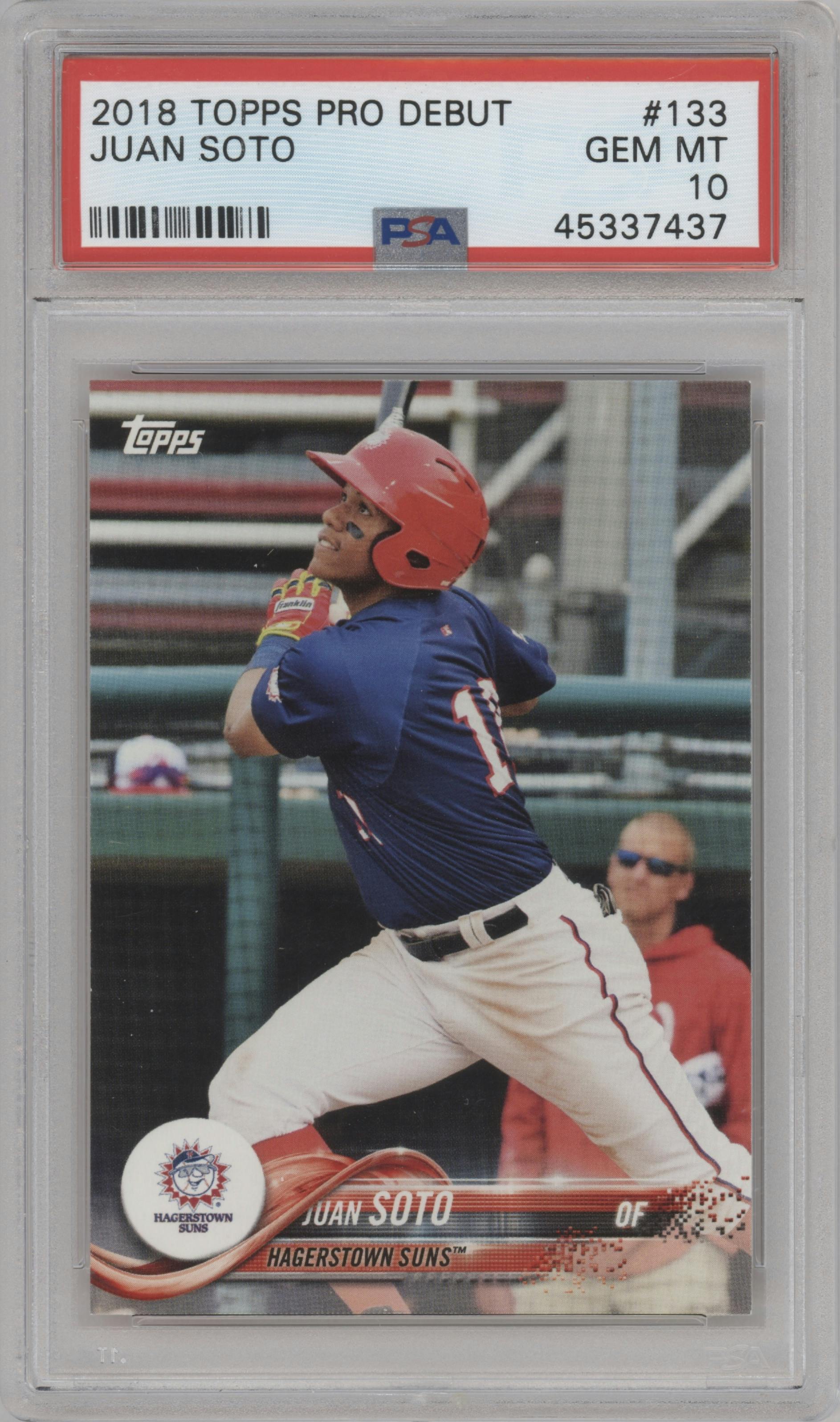 Juan Soto from the 2018 Topps Pro Debut set graded by PSA and given an overall grade of 10.