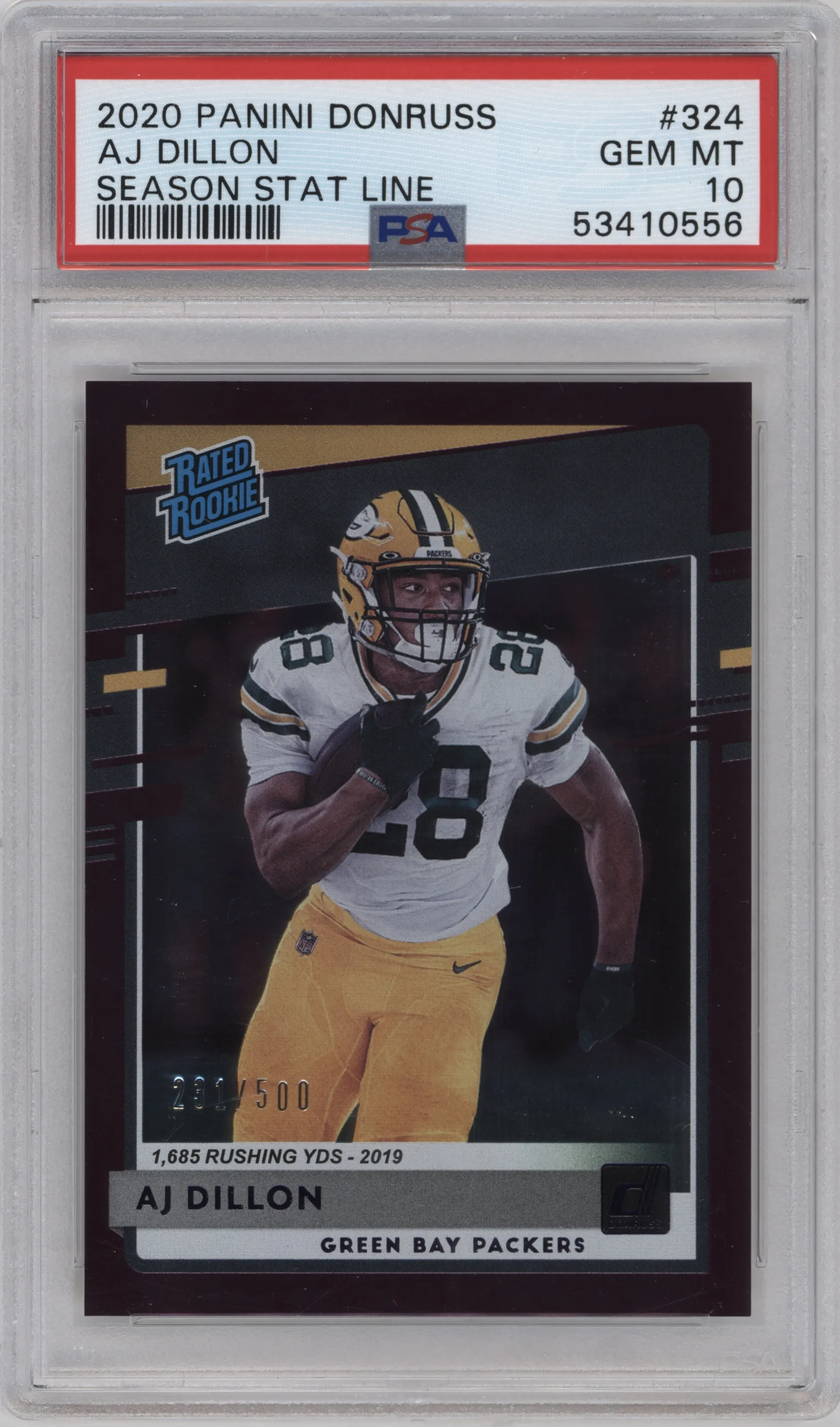 2020 Panini Donruss Rated Rookie AJ Dillon Season Stat Line PSA 10