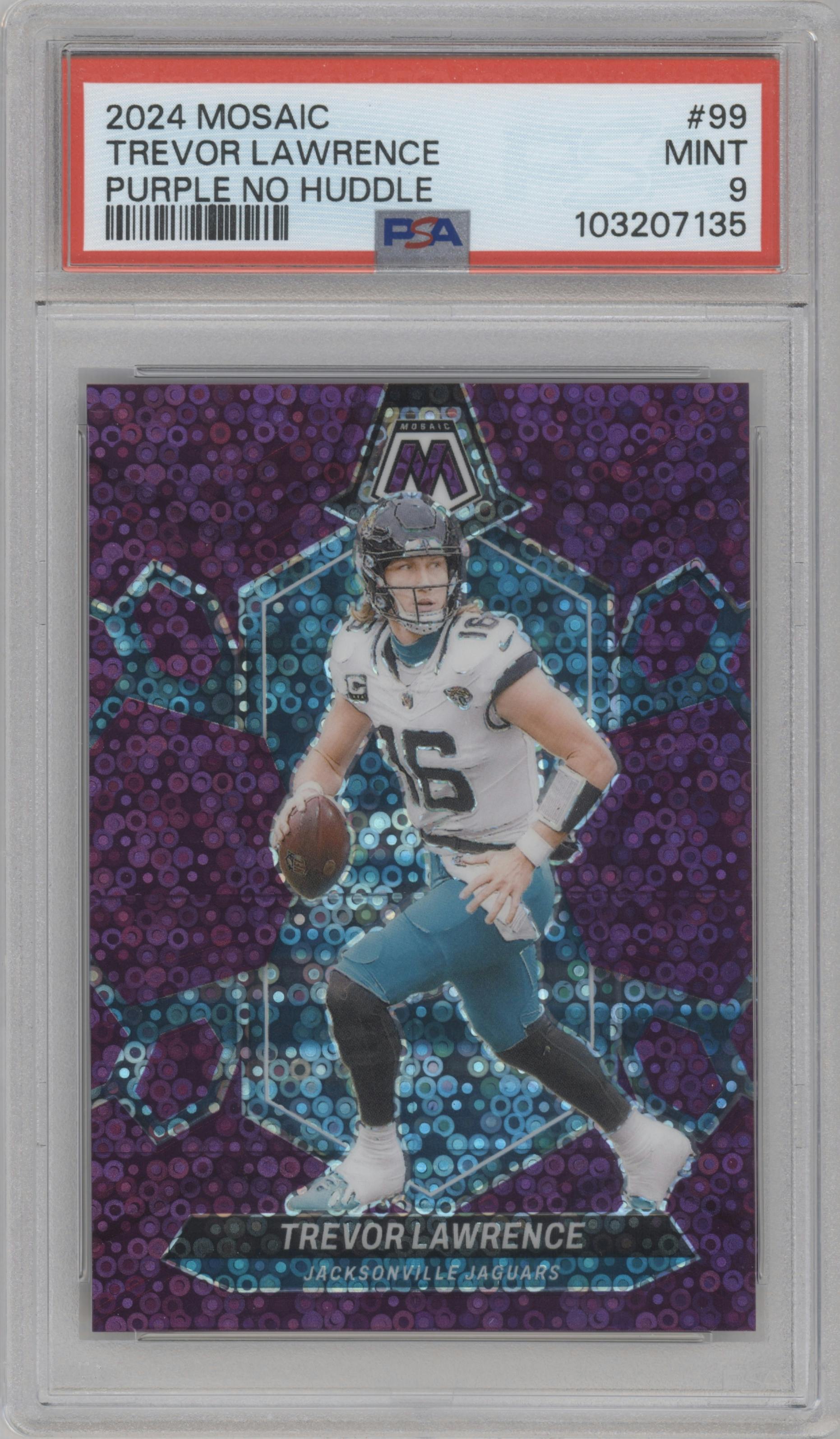 Trevor Lawrence from the 2024 Panini Mosaic set featuring a No Huddle Purple parallel graded by PSA and given an overall grade of 9.