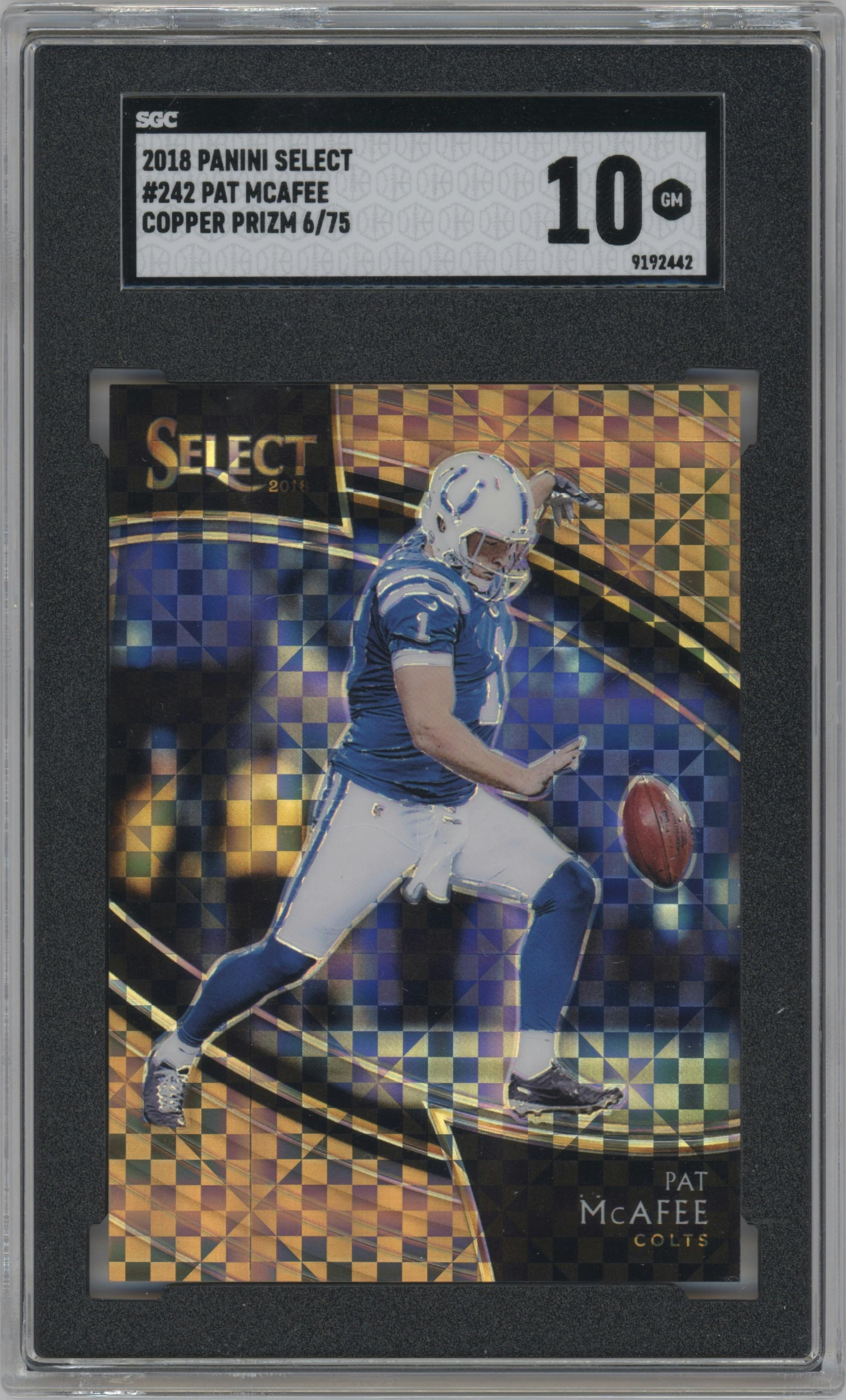 Pat McAfee from the 2018 Panini Select set featuring a Copper Prizm parallel graded by SGC and given an overall grade of 10.