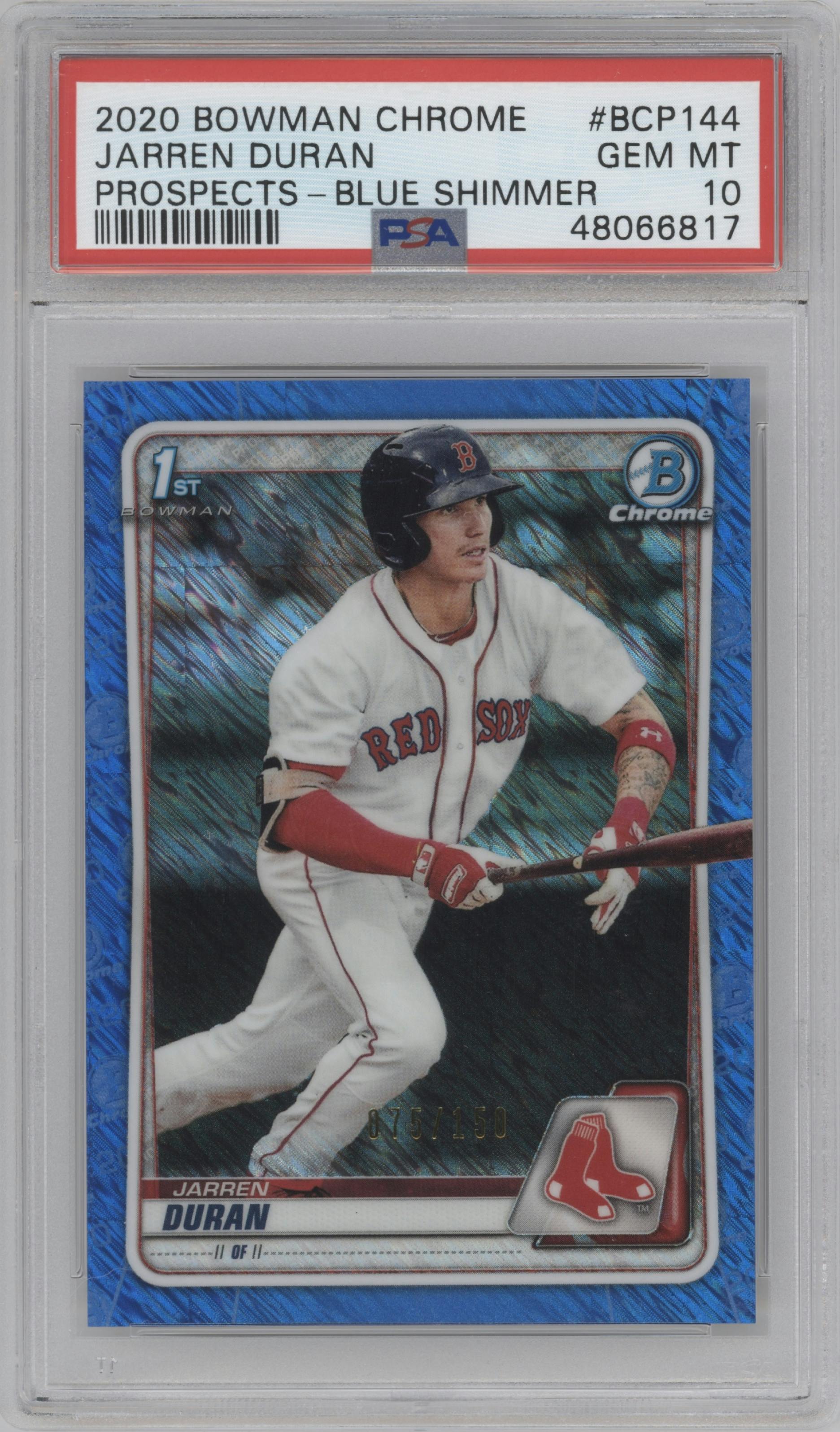 Jarren Duran from the 2020 Bowman set featuring a Blue Shimmer Ref. parallel graded by PSA and given an overall grade of 10.