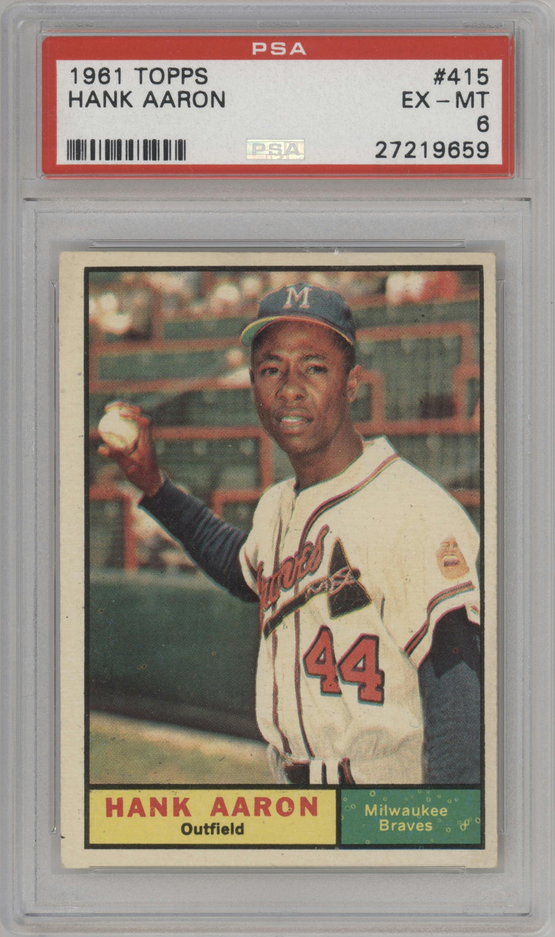 Hank Aaron from the 1961 Topps set graded by PSA and given an overall grade of 6.
