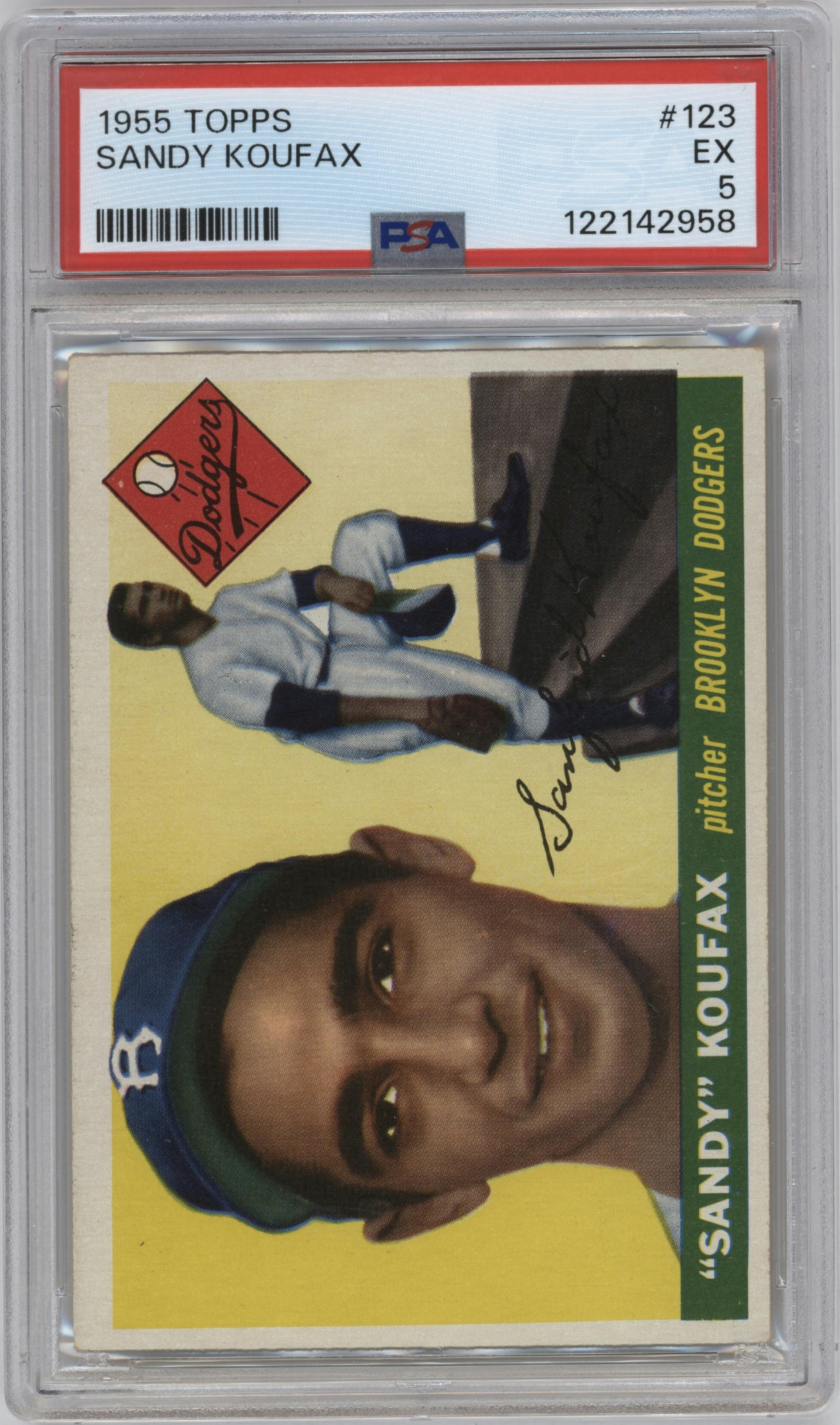 Sandy Koufax from the 1955 Topps set graded by PSA and given an overall grade of 5.