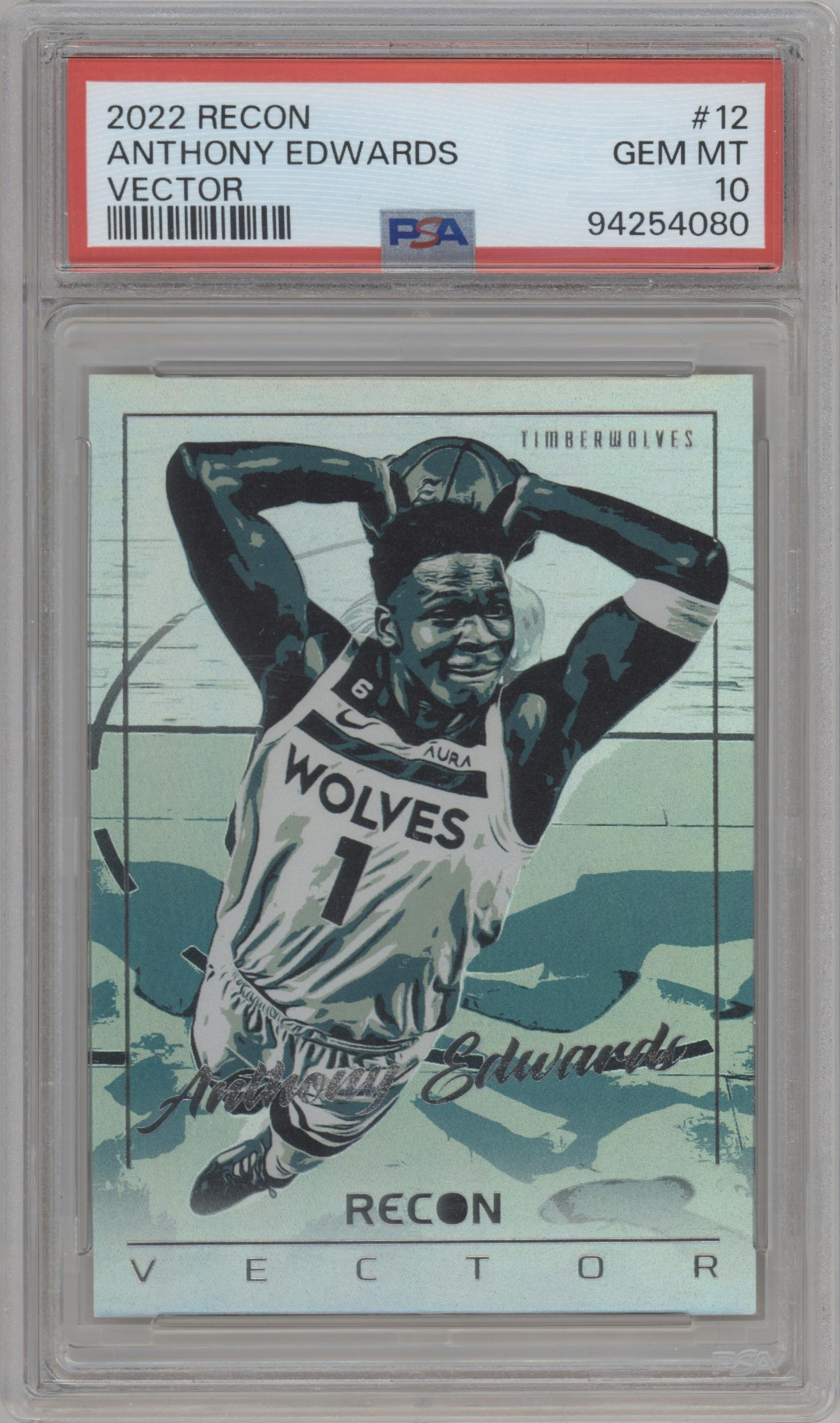 Anthony Edwards from the 2022-23 Panini Recon set graded by PSA and given an overall grade of 10.
