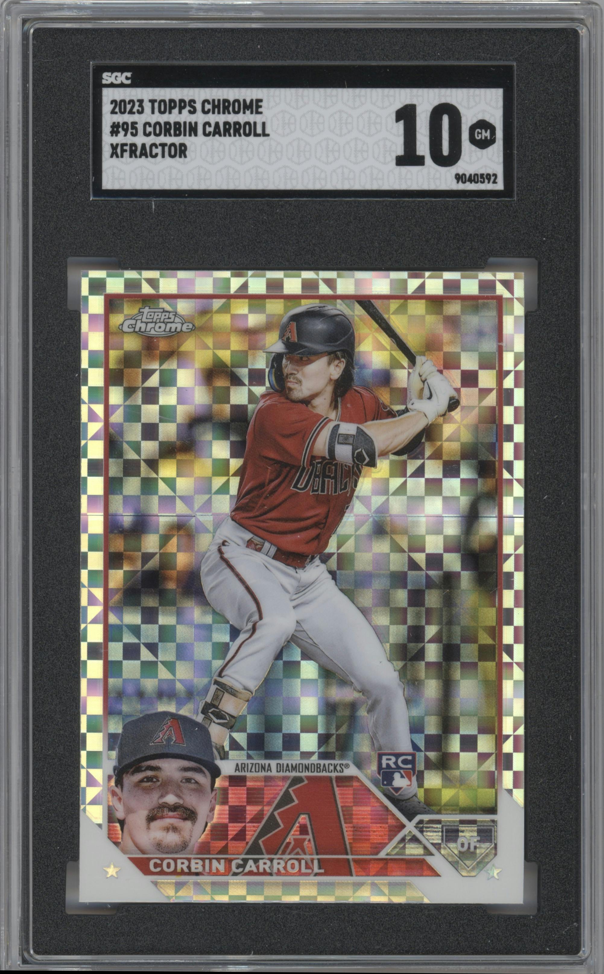 Corbin Carroll from the 2023 Topps Chrome set featuring a X-Fractor parallel graded by SGC and given an overall grade of 10.