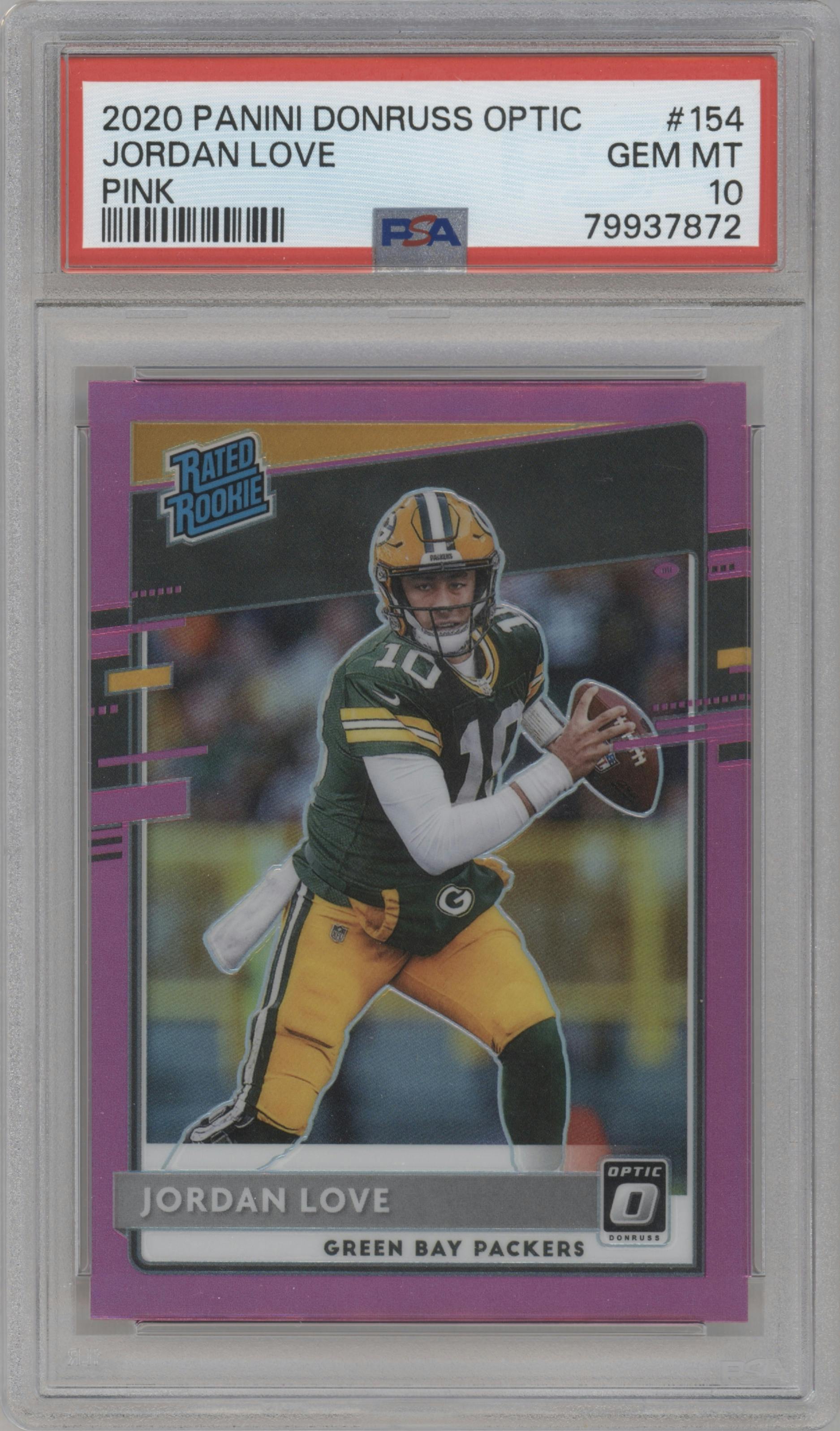 Jordan Love from the 2020 Panini Donruss Optic set featuring a Pink parallel graded by PSA and given an overall grade of 10.