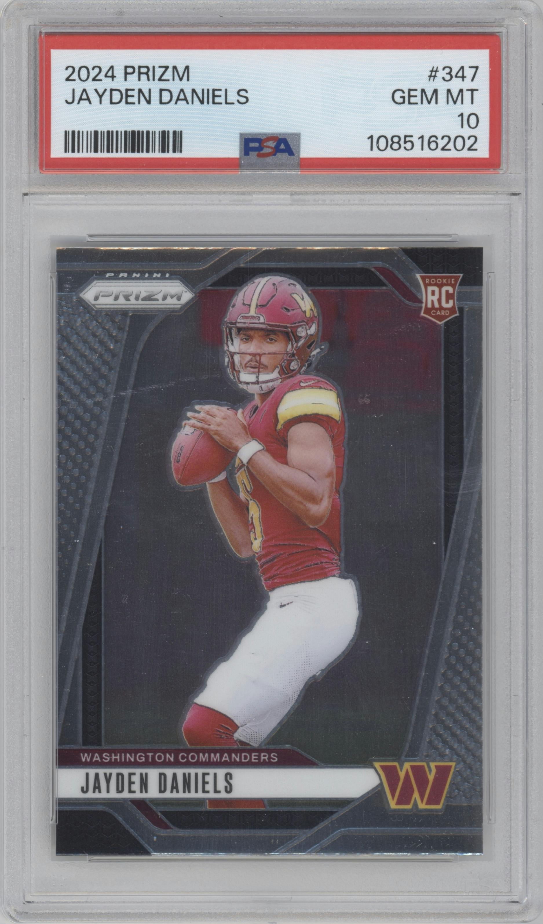 Jayden Daniels from the 2024 Panini Prizm set graded by PSA and given an overall grade of 10.