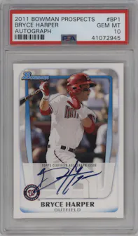 Bryce Harper from the 2011 Bowman set graded by PSA and given an overall grade of 10.