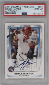 Bryce Harper from the 2011 Bowman set graded by PSA and given an overall grade of 10.
