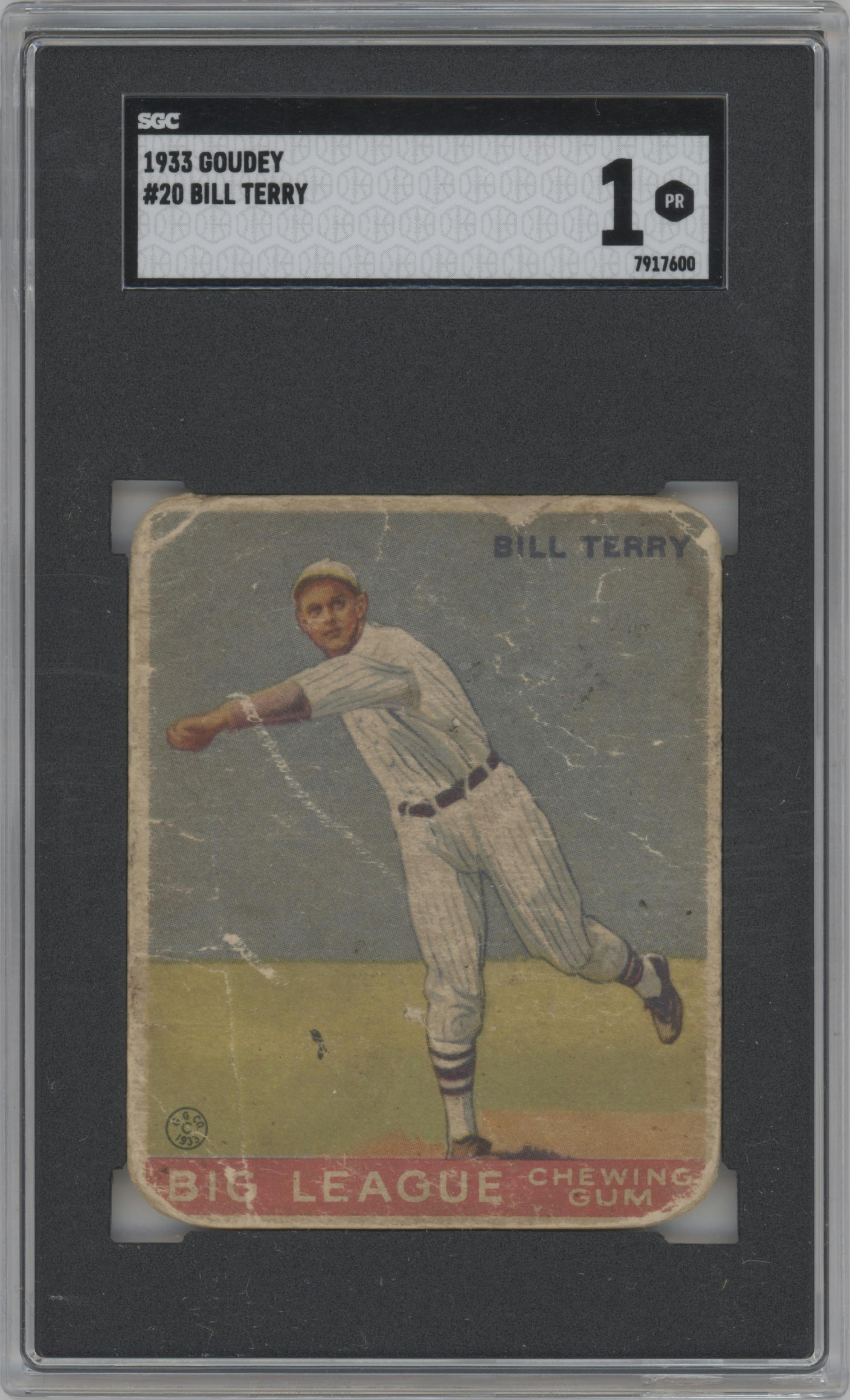 Bill Terry from the 1933 Goudey set graded by SGC and given an overall grade of 1.