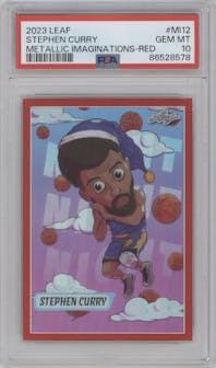 Stephen Curry from the 2023 Leaf Metallic Imaginations set featuring a Red  parallel graded by PSA and given an overall grade of 10.