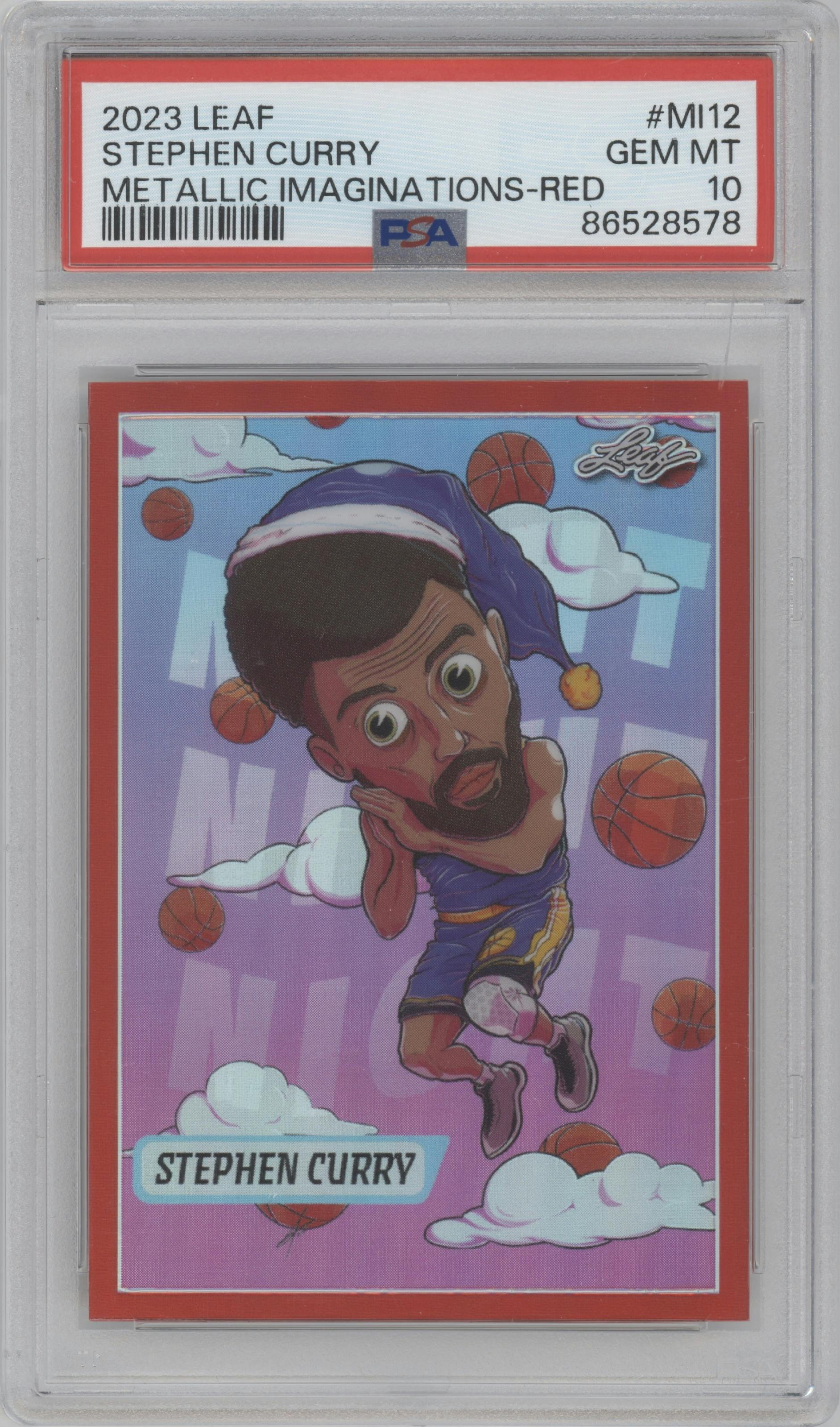 Stephen Curry from the 2023 Leaf Metallic Imaginations set featuring a Red  parallel graded by PSA and given an overall grade of 10.
