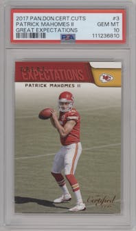 Patrick Mahomes II from the 2017 Donruss Certified Cuts set graded by PSA and given an overall grade of 10.