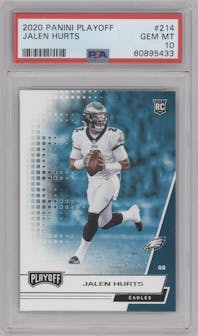 Jalen Hurts from the 2020 Panini Playoff set graded by PSA and given an overall grade of 10.