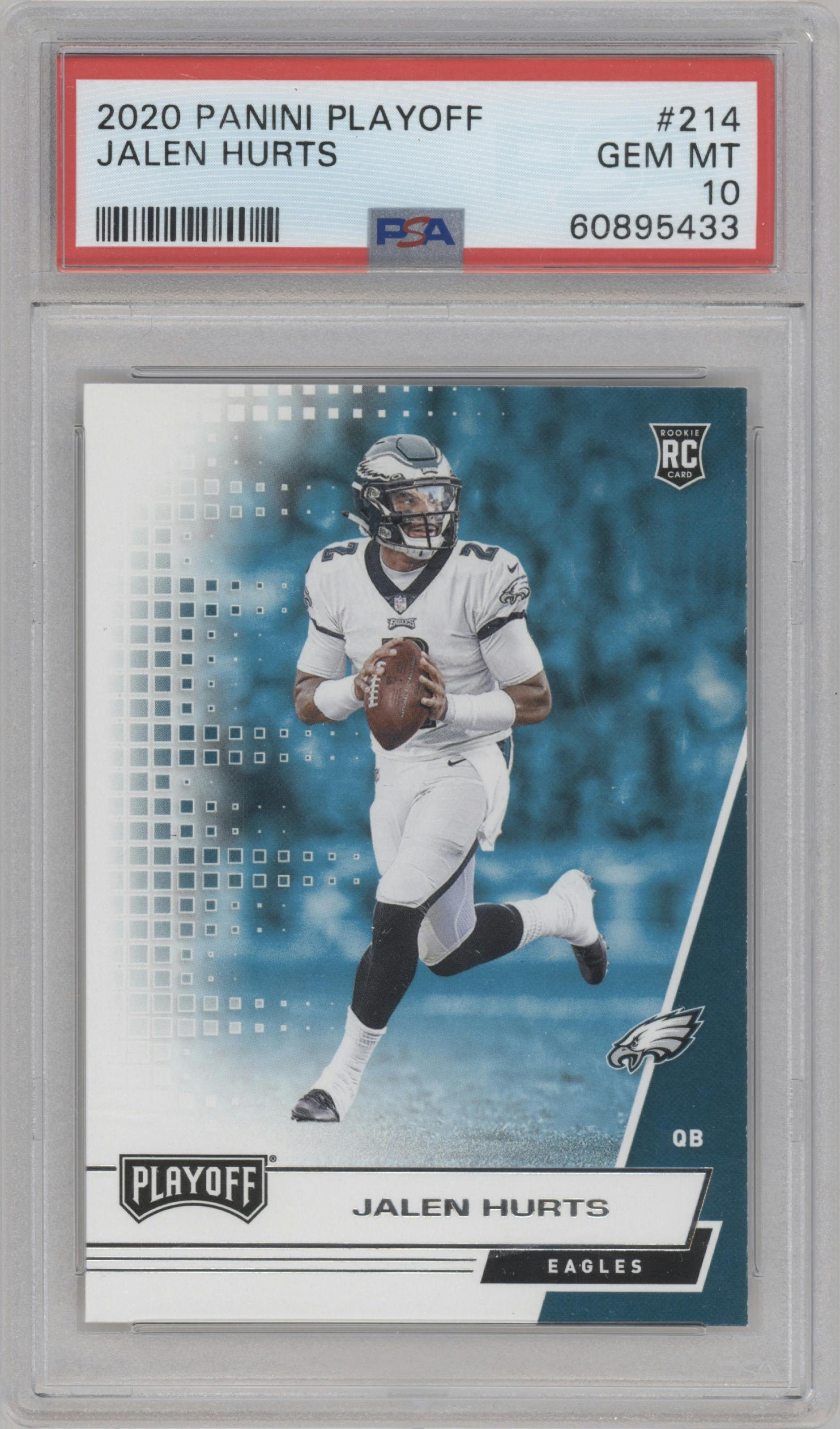 Jalen Hurts from the 2020 Panini Playoff set graded by PSA and given an overall grade of 10.