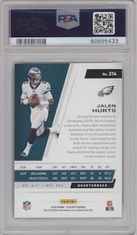 Jalen Hurts from the 2020 Panini Playoff set graded by PSA and given an overall grade of 10.