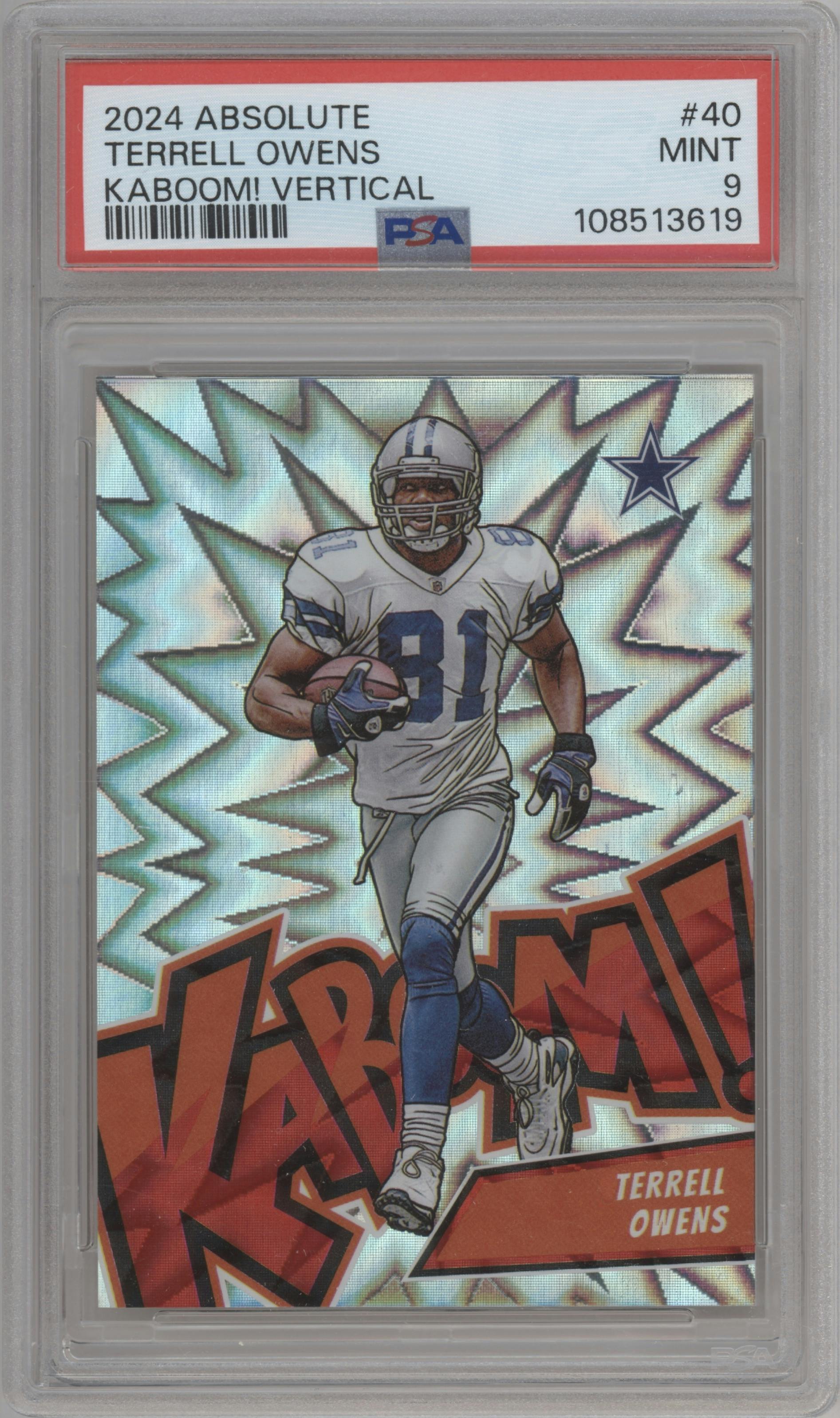 Terrell Owens from the 2024 Panini Absolute set graded by PSA and given an overall grade of 9.