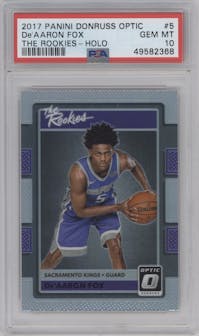 De'Aaron Fox from the 2017-18 Panini Donruss Optic set featuring a Holo parallel graded by PSA and given an overall grade of 10.