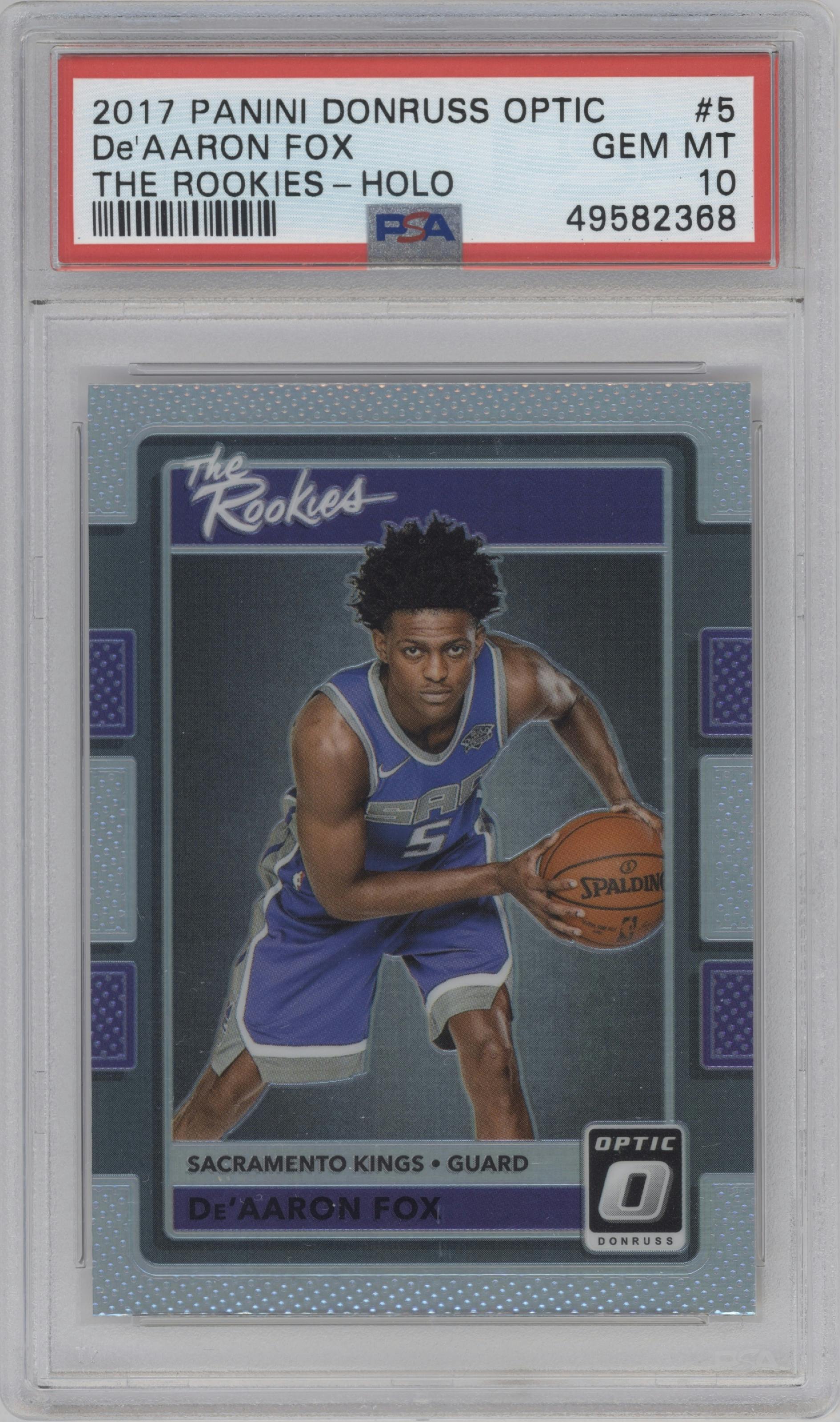 De'Aaron Fox from the 2017-18 Panini Donruss Optic set featuring a Holo parallel graded by PSA and given an overall grade of 10.