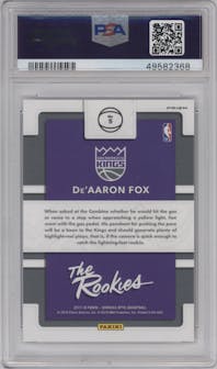 De'Aaron Fox from the 2017-18 Panini Donruss Optic set featuring a Holo parallel graded by PSA and given an overall grade of 10.