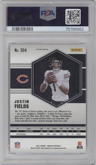 Justin Fields from the 2021 Panini Mosaic set featuring a Reactive Orange parallel graded by PSA and given an overall grade of 10.