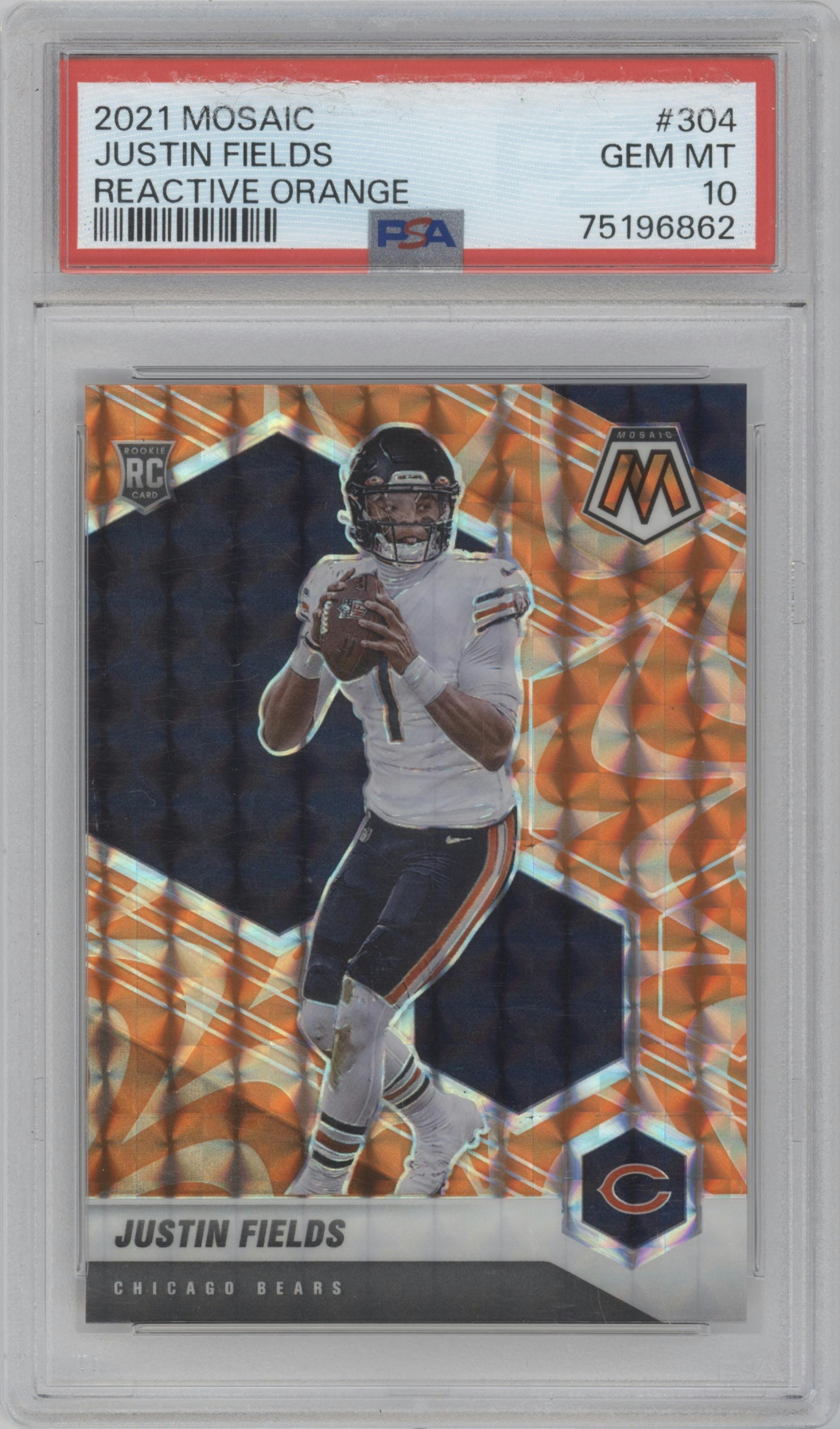 Justin Fields from the 2021 Panini Mosaic set featuring a Reactive Orange parallel graded by PSA and given an overall grade of 10.