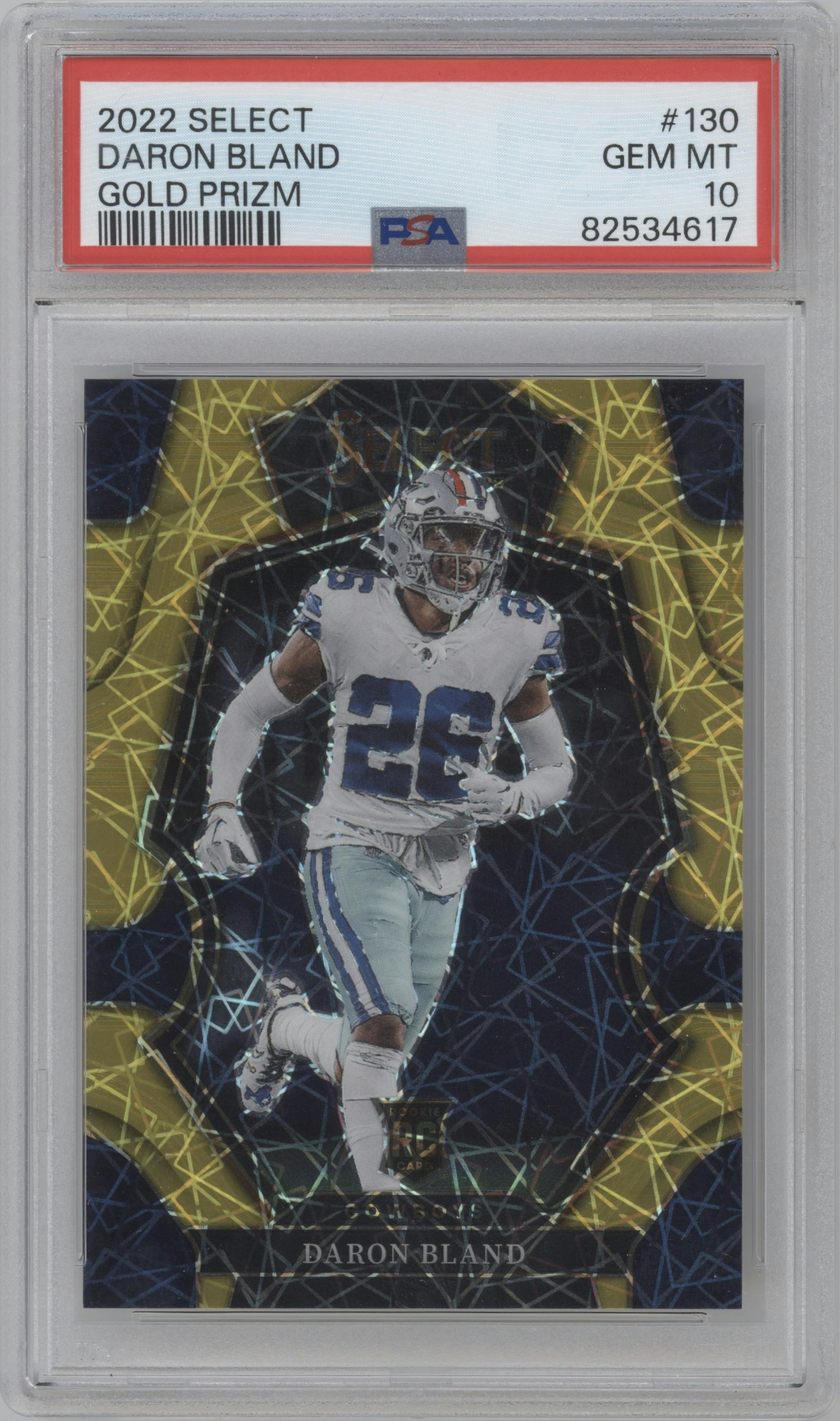 DaRon Bland from the 2022 Panini Select set featuring a Gold Prizm parallel graded by PSA and given an overall grade of 10.