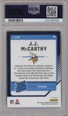 J.J. McCarthy from the 2024 Donruss Optic set featuring a Purple Shock parallel graded by PSA and given an overall grade of 9.