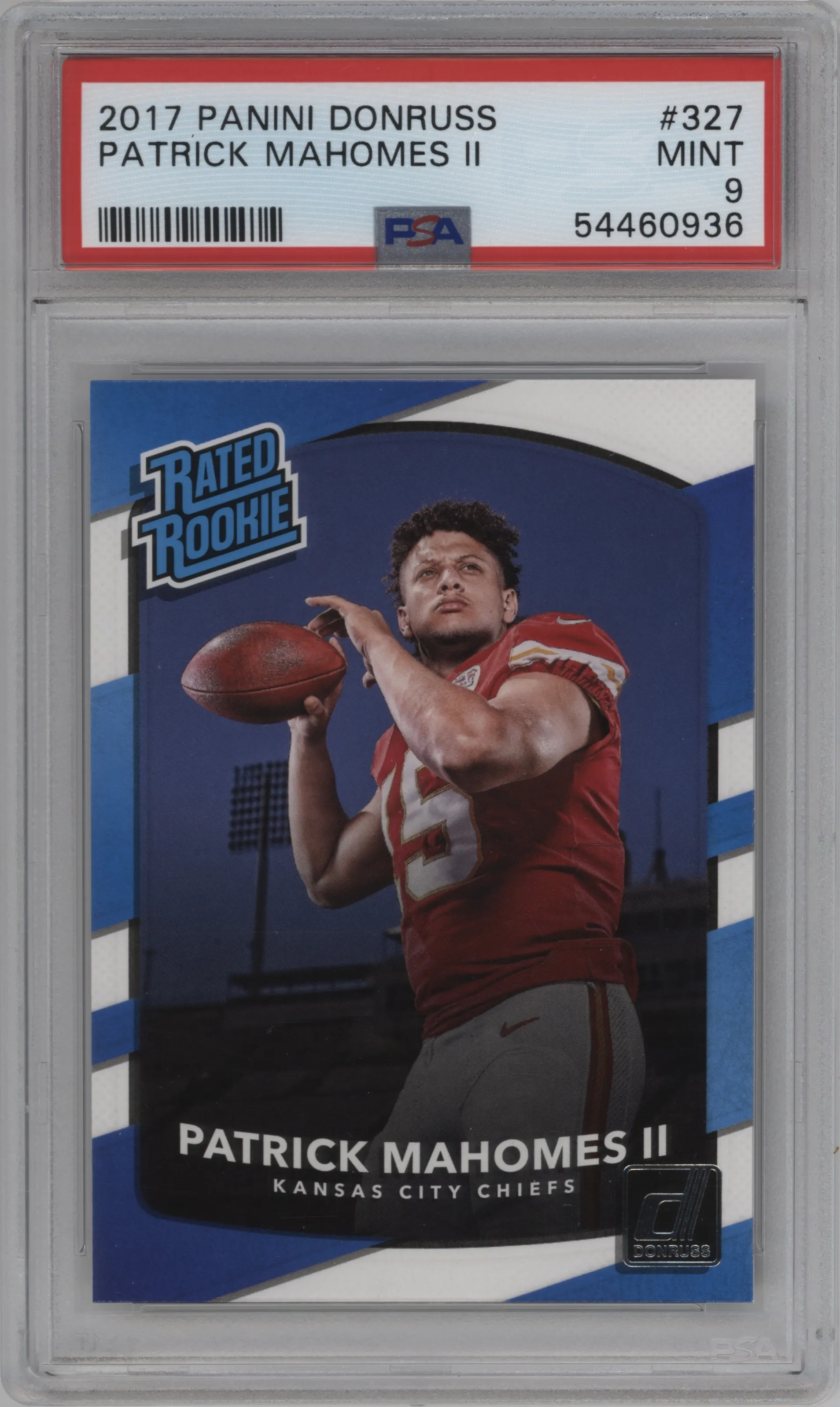 Patrick Mahomes II from the 2017 Panini Donruss set graded by PSA and given an overall grade of 9.