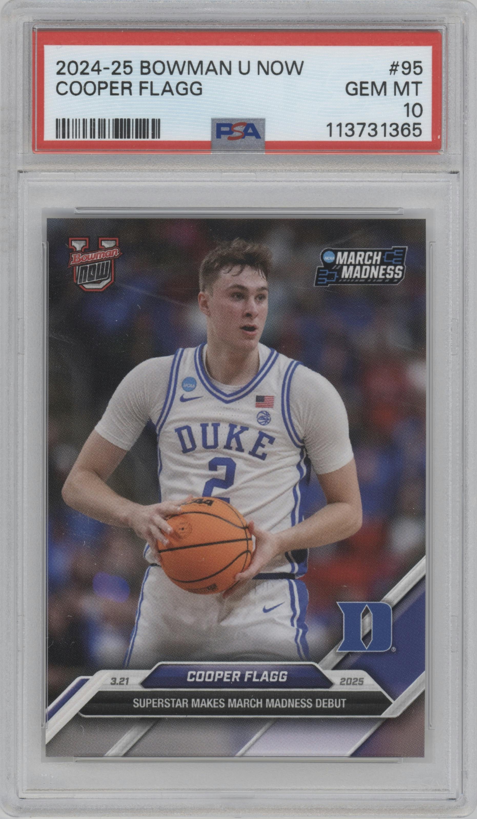  Cooper Flagg from the 2024 Bowman U Now March Madness set graded by PSA and given an overall grade of 10.