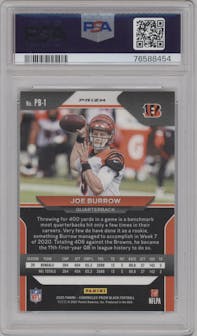 Joe Burrow from the 2020 Panini Chronicles set featuring a Silver parallel graded by PSA and given an overall grade of 9.