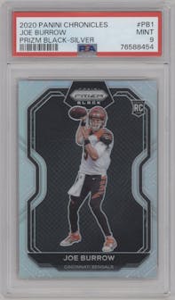 Joe Burrow from the 2020 Panini Chronicles set featuring a Silver parallel graded by PSA and given an overall grade of 9.