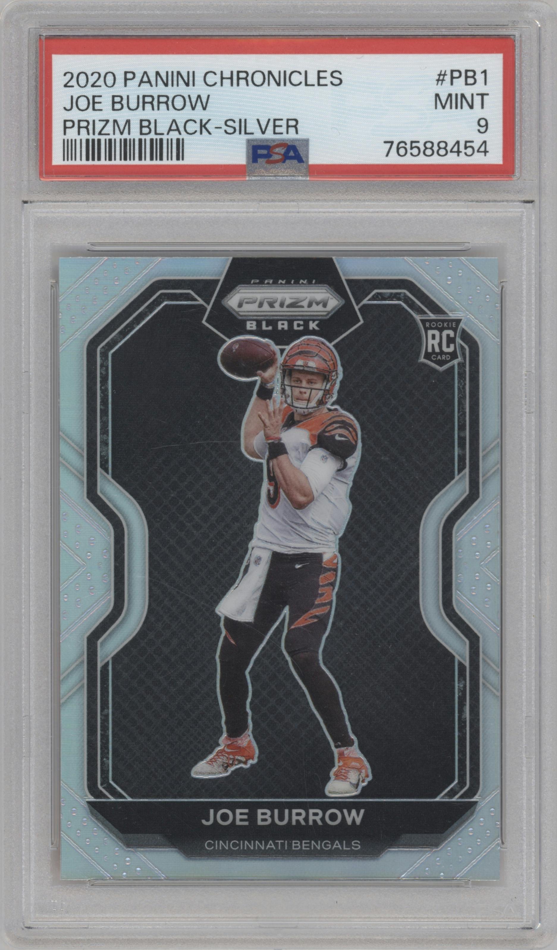 Joe Burrow from the 2020 Panini Chronicles set featuring a Silver parallel graded by PSA and given an overall grade of 9.