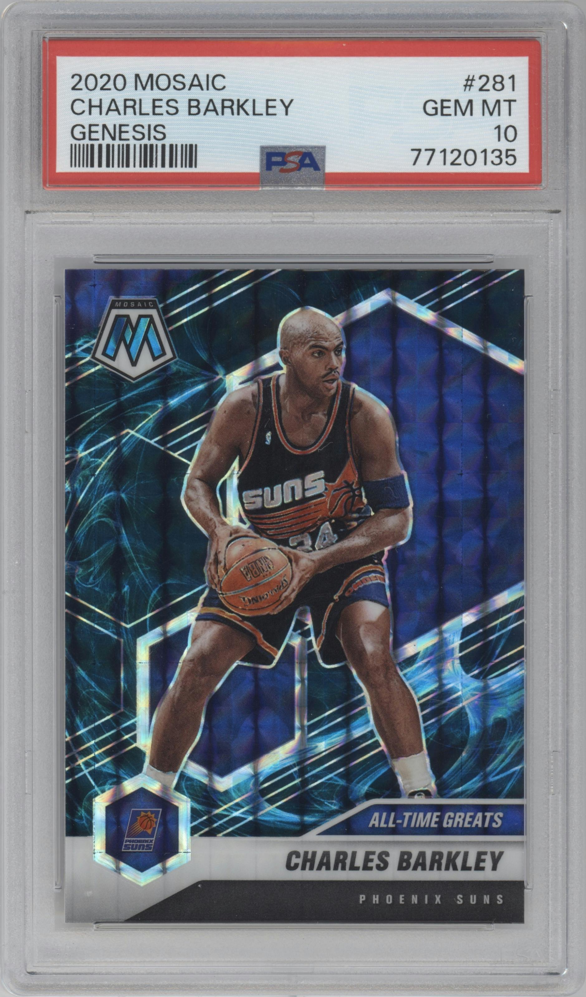 Charles Barkley from the 2020-21 Panini Mosaic set featuring a Genesis  parallel graded by PSA and given an overall grade of 10.