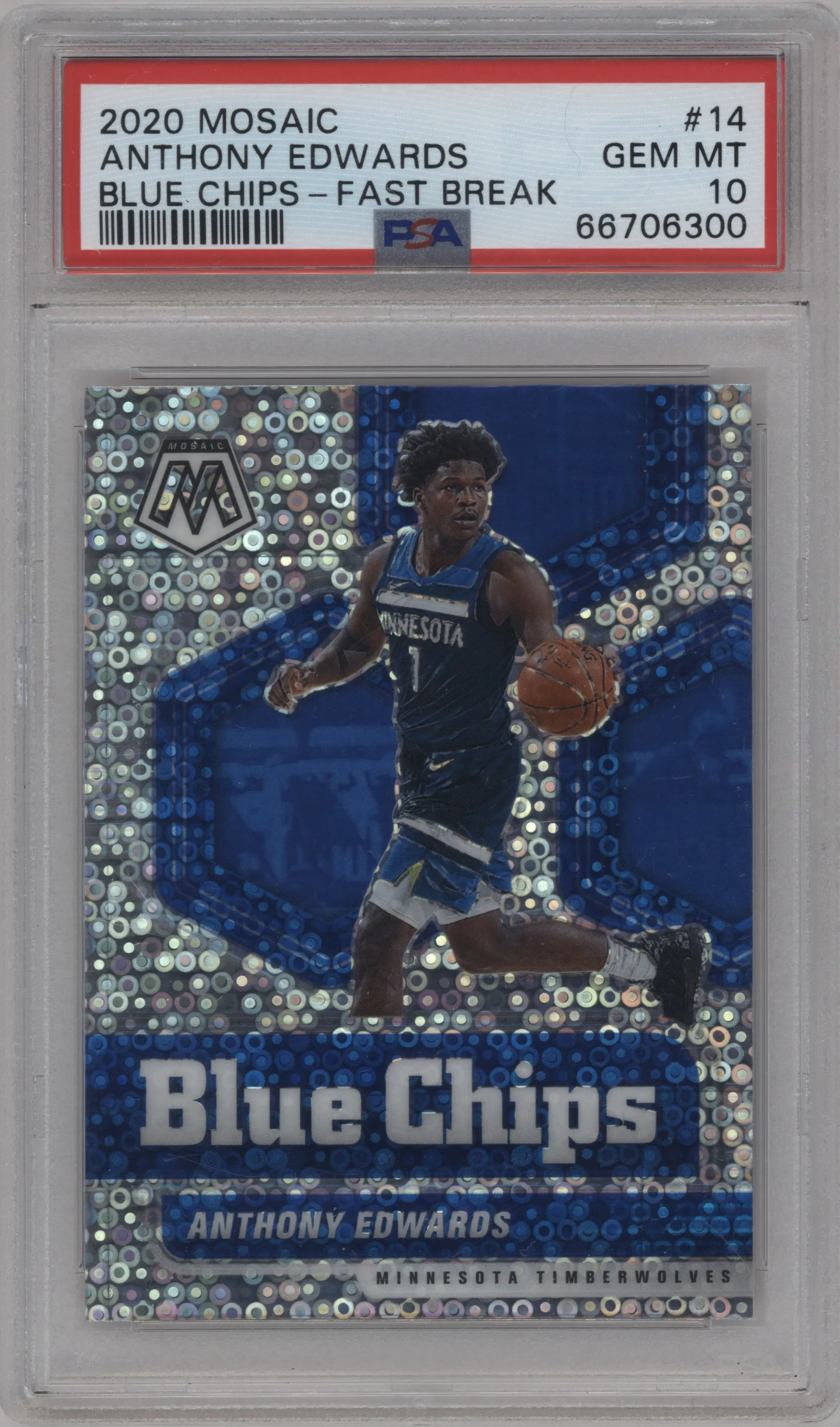 2020 Panini Mosaic Blue Chips Anthony Edwards Fast Break #14 PSA 10