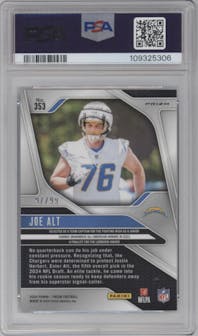 Joe Alt from the 2024 Panini Prizm set featuring a Blue Ice parallel graded by PSA and given an overall grade of 9.
