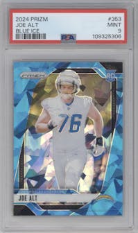 Joe Alt from the 2024 Panini Prizm set featuring a Blue Ice parallel graded by PSA and given an overall grade of 9.