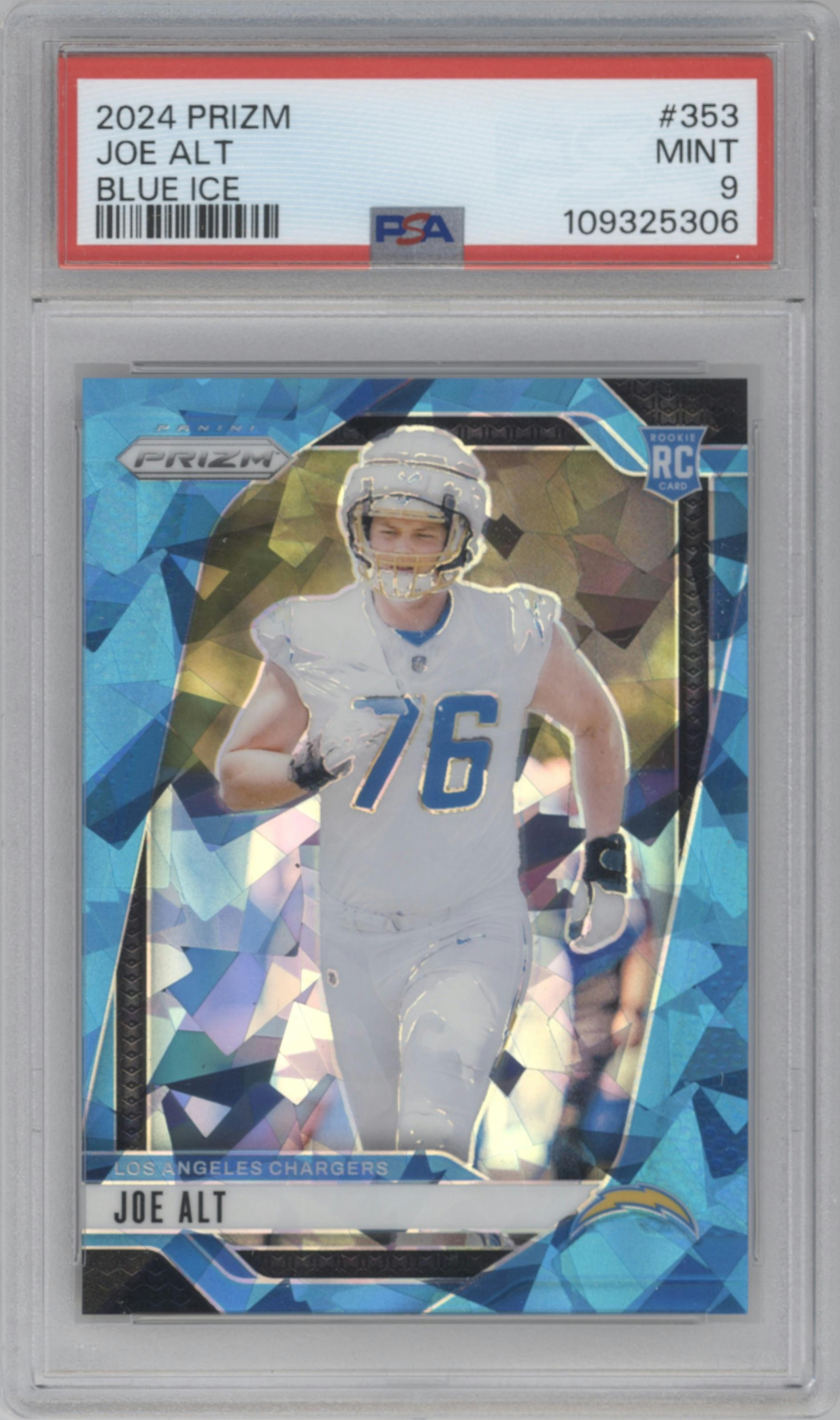 Joe Alt from the 2024 Panini Prizm set featuring a Blue Ice parallel graded by PSA and given an overall grade of 9.