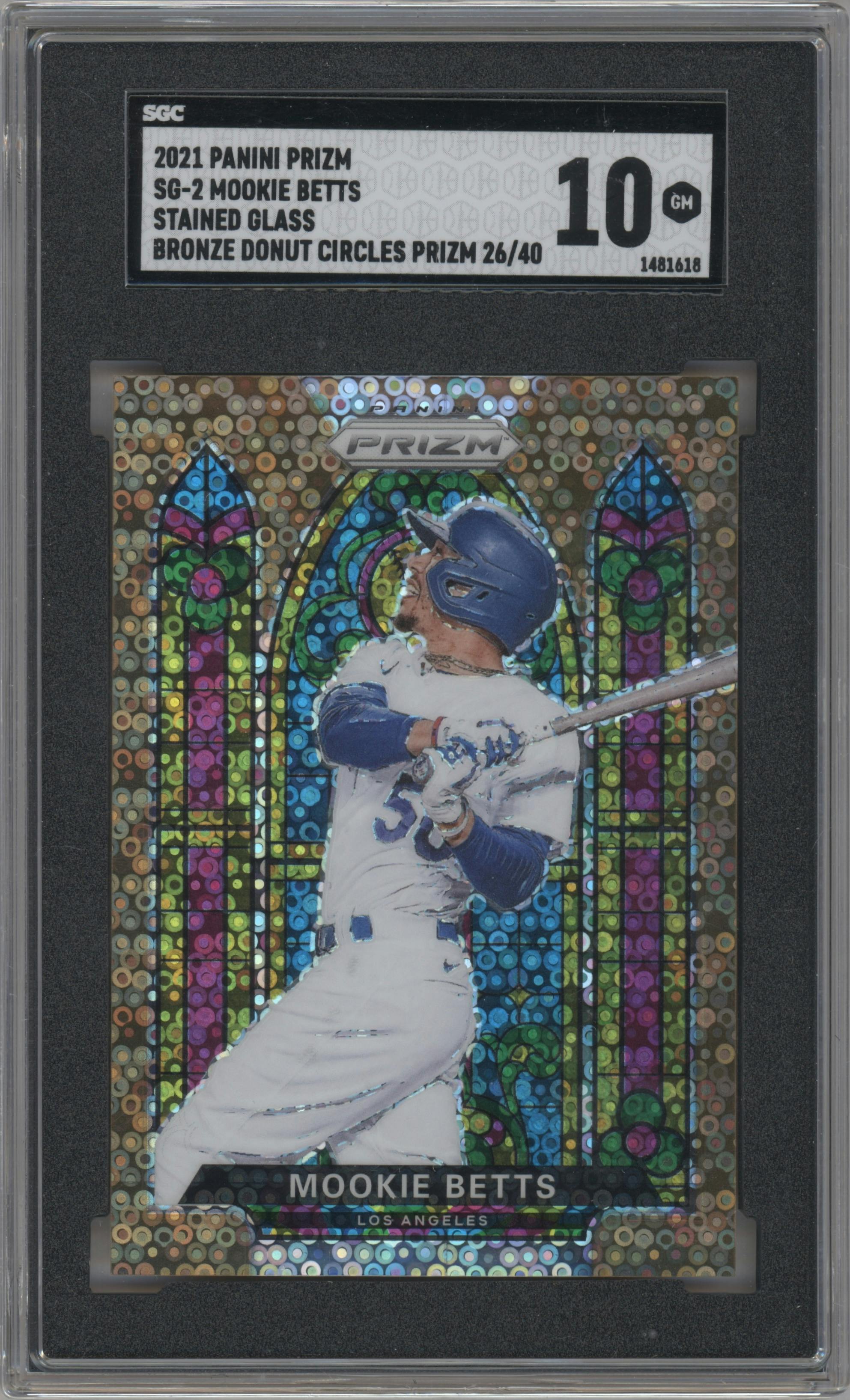 Mookie Betts from the 2021 Panini Prizm set featuring a Bronze Donut Circles parallel graded by SGC and given an overall grade of 10.