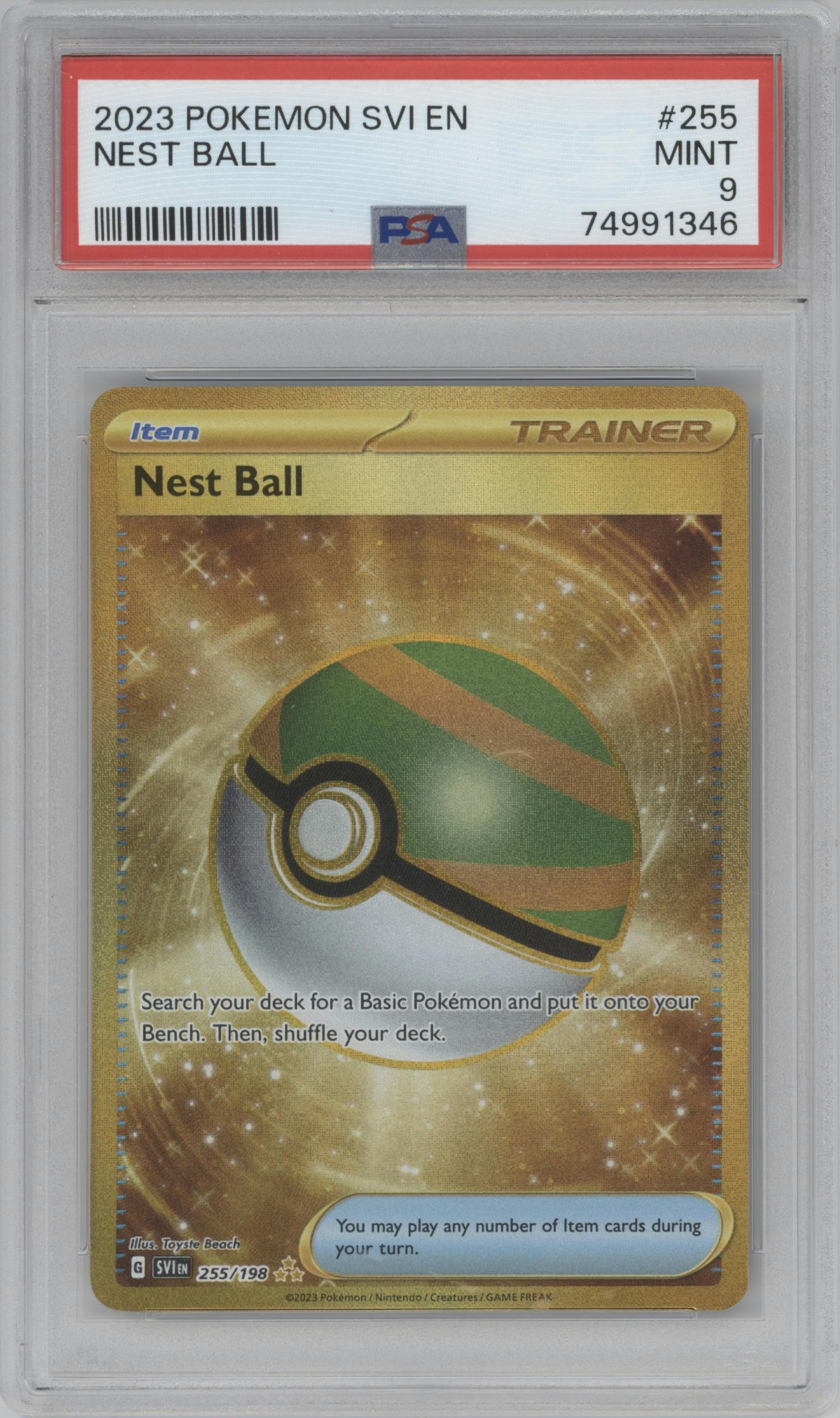Nest Ball from the 2023 Pokemon SV set graded by PSA and given an overall grade of 9.
